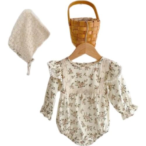 Korean Baby Newborn Spring Autumn Clothing Girls Floral Ruffles Romper+lace Hat 2pcs Chilgren Cute Cotton Romper Jumpsuit Outfit