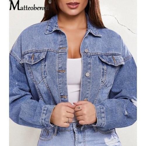 New Autumn Women Sexy Ripped Long Sleeve Denim Jackets 2020 Vintage Casual loose Short Jean Jacket Winter Female Coat Streetwear