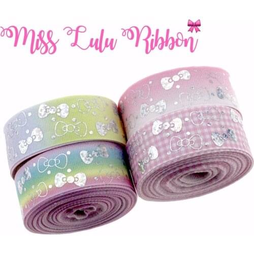 1"25mm Silver Hologram Foil Bowknots Patterns Grosgrain Ribbon Gradient Color Rainbow Stripes Hair Band Making 50yards/roll