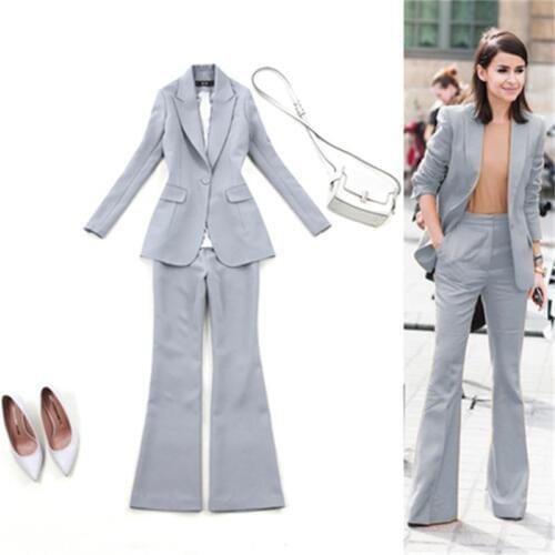 Fashion Gray Slim Fit One Button Suit Female Trumpet Pants Set Spring/summer New plus size Casual slim suit Flare pants OL Suit