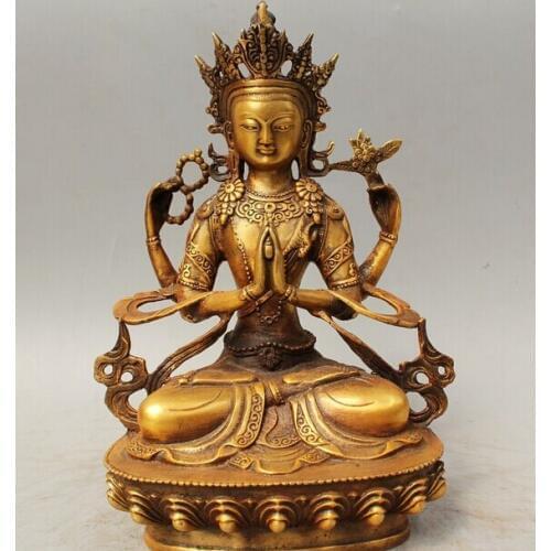 Wholesale factory 12" Tibet Buddhism Bronze Gild 4 arms Chenrezig Buddha Avalokiteshvara Statue