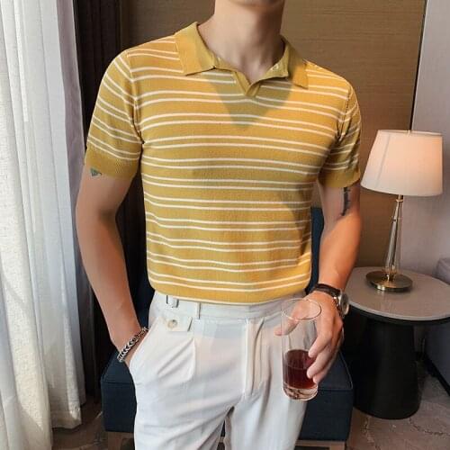 Yellow Black 4 Color Stripe Short Sleeve Knitted Polo Shirt Breathable Polos Para Hombre Slim Fashion Summer Polo Shirt Men 2021