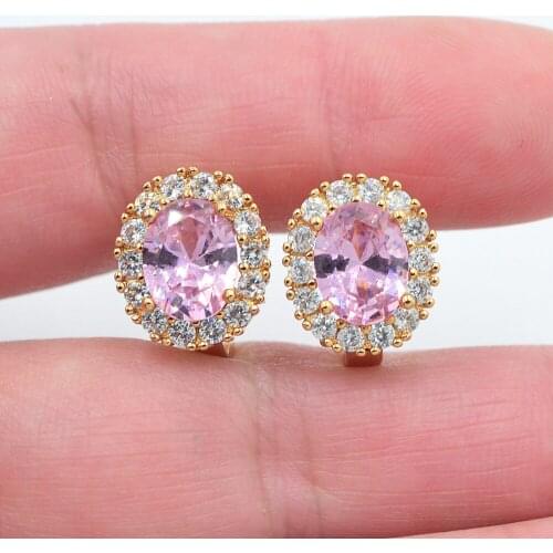 Gold Color Women Oval Pink Cubic Zirconia CZ Huggie Hoop Earrings Jewelry