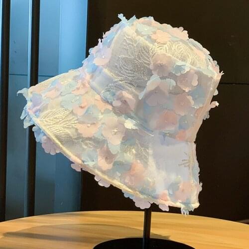 Korean Fashion Flower Cute Bucket Hat Boonie Hats For Women Girls Elegant Lace Flat Top Basin Cap Wide Brim Summer Beach Visor