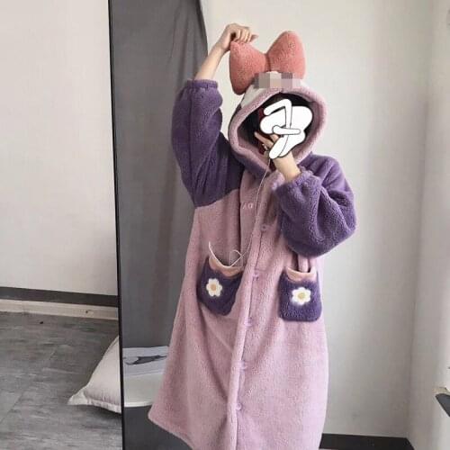 Cute Cartoon Nightgown for Autumn and Winter Long Paragraph Ladies Pajamas Flannel Thick Winter Hooded Warm Home Suit