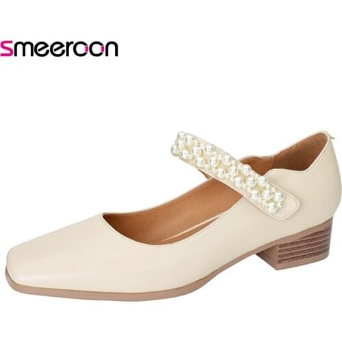 Smeeroon 2021 New Arrive Genuine Leather Single Shoes Women Pumps Sweet Pearl Square Toe Comfortable Casual Shoes Ladies