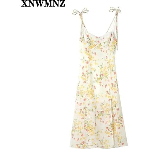 XNWMNZ dresses for women 2021 French Style Floral Print High Waist Sexy Side Slit Spaghetti Strap Midi Dress Female Summer robe