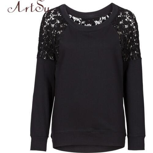 ArtSu Women Lace Floral Hoodies Sweatshirts O Neck Stitching Hollow Out Casual Tops Hoody Autumn Winter Loose Pullover ASBL20019