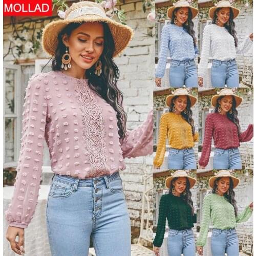 2021 New Autumn round Neck Lantern Sleeve Solid Color Lace Chiffon Shirt Temperament Commute Shirt for Women