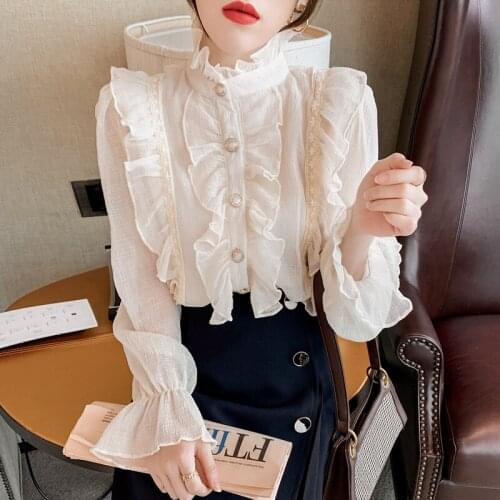 Ruffled Chiffon Shirt Womens Autumn New French Palace Style Temperament Wood Ears Stand-up Collar Long Sleeve Office Lady Shirt