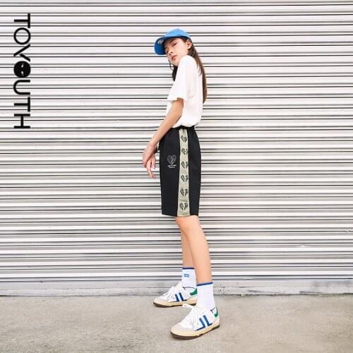 Toyouth Women Shorts 2021 Summer Elastic High Waist Straight Leg Heart Love Print Black Chic Casual Short Pants