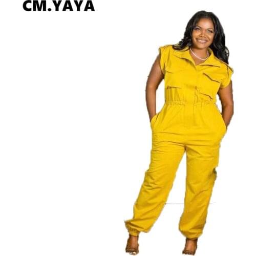 CM.YAYA Women Plus Size Jumpsuit Solid Short Sleeve Turn-down Pockets Loose Straight Jumpsuits Fashion Casual Outfit Summer 2021