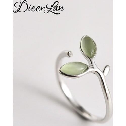 DIEERLAN Personality Silver Color Opal Leaf Rings For Women Wedding Jewelry Adjustable Antique Finger Ring Anillos