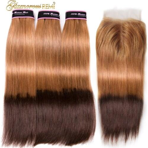 Ombre Golden Brown T27/4 Brazilian Straight Bundles With Closure 100% Human Hair Bundles With Closure Hair Extensions Human Hair