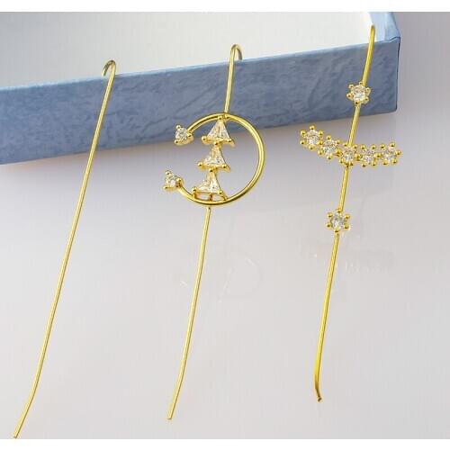 1pc Fashion Copper Ear Hook Clip Stud Earring Long Cartilage Tragus Helix Zircon Cuff Ring Bone Gold Body Jewelry for Women 20G