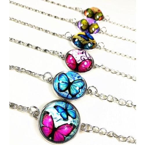 24pcs (6 styles ) Rose,pink,purple,Blue Butterfly Photo Glass charm bracelets hand chain for women girls jewelry wholesale