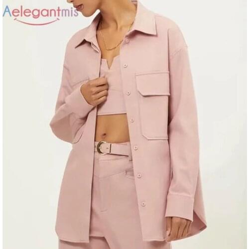Aelegantmis Elegant Pink Loose Long Shirt Coats Women Fashion Solid Button Up Coats Casual Vintage Korean Jackets Oversized BF