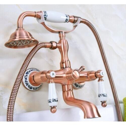 Antique Red Copper Brass Wall Mounted Bathroom Clawfoot Tub Faucet Mixer Tap Telephone Shower Head Dual Ceramic Handles ana330