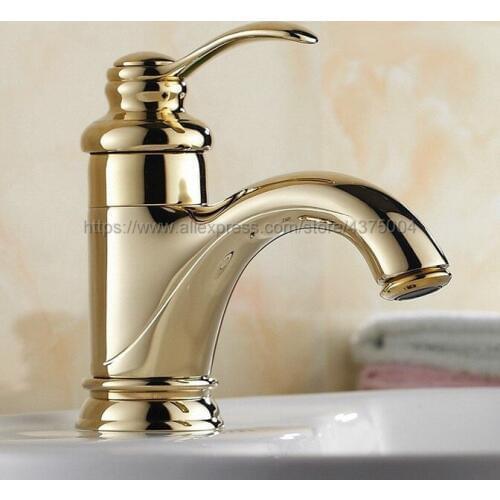 Deck Mounted Luxury Gold Color Brass Single Handle Hole Bathroom Sink Mixer Faucet Hot and Cold Water Mixer Tap Nnf121