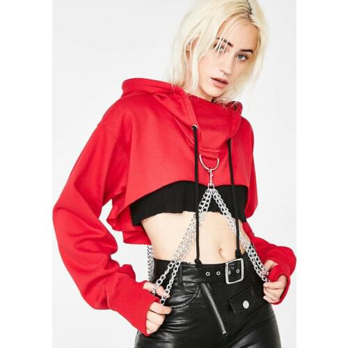 Hirigin Women Hoodies Sexy Gothic Punk Chain Crop Top Hooded Pullover Sweatshirt Cosplay Casual Tops Plus Size