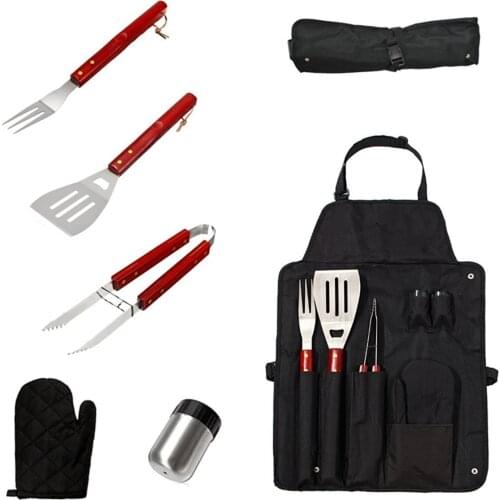 Camping BBQ Tools 7Pcs Stainless Steel Grill Cooking Kit Utensils BBQ Tools Kitchen Accessories Apron Foldable Storage Bag