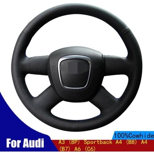 DIY Car Steering Wheel Cover Soft Black Genuine Leather Wear-resistant For Audi A3 (8P) Sportback A4 (B8) A4 (B7) A6 (C6)