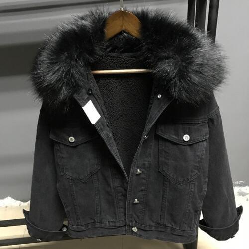 Winter Big Fur Collar Lambswool Lining Denim Jacket Women Thick Warm Black Short Jeans Jacket Loose Outerwear Women Basic Coat