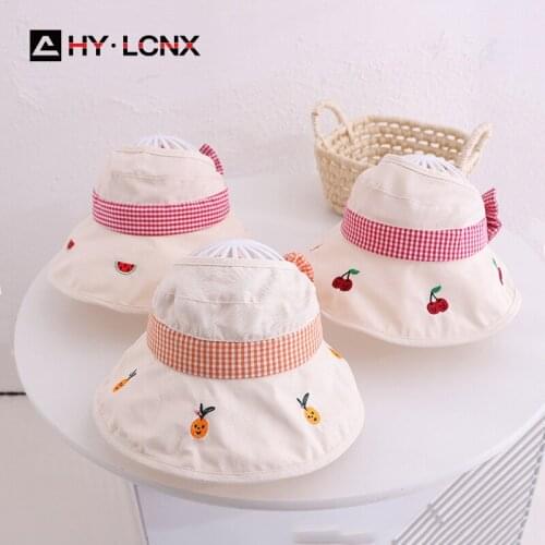 Summer Child Cute Fruit Embroidery Sun Hat Boy Girl Cotton Breathable Bowknot Fashion Empty Top Big Brim Fisherman Hat
