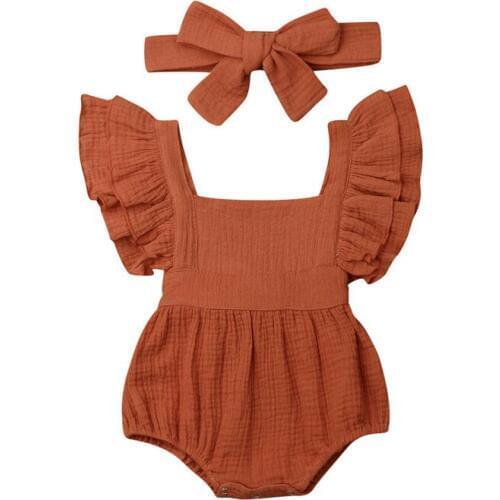 Newborn Baby Girl Boy Summer Clothes Ruffle Romper Jumpsuit Fly Sleeve Cotton Lace Up One Pieces Outfit Headband