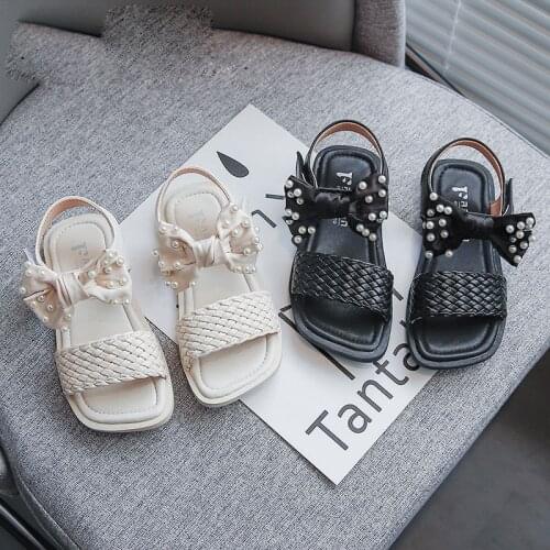 Fashion Pearl Bow Kids Summer Sandals For Little Girls 2021 New Princess Beach Shoes Children Flat Weave Sandals 3-12 Year Old