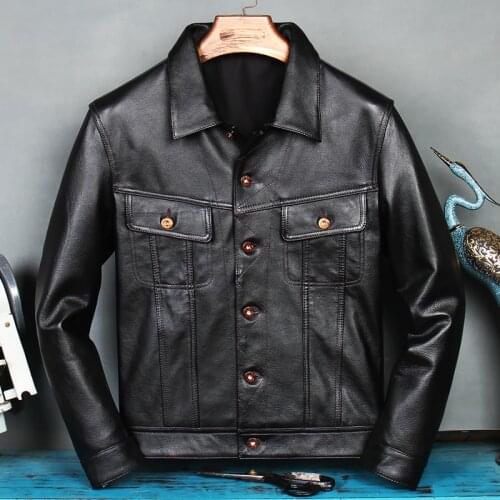 Genuine cCowhide Mens Black Leather Jacket Motorcycle Slim Leather Jacket Top Layer Cowhide Jacket Coat Spring and Autumn 4XL