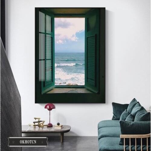 Nordic Style Window Outside Landscape Canvas Painting Starry Sea Wave Poster Wall Art Picture for Living Room Home Decor