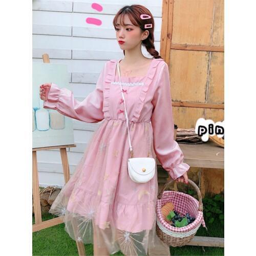 Autumn Kawaii Japanese Lolita dress Summer bow mesh embroidery super fairy daily Lolita long-sleeved dress women