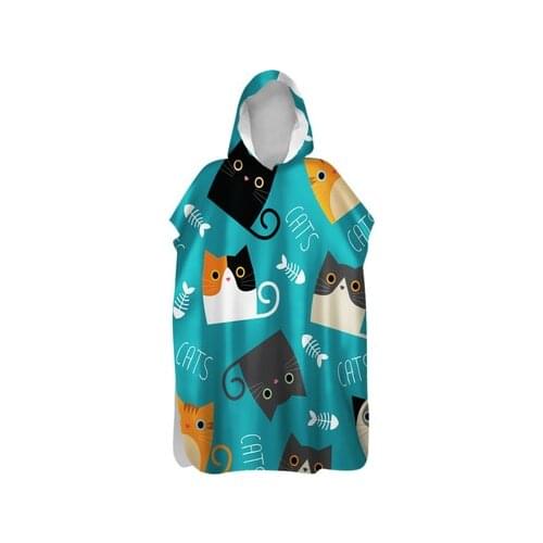 Double-faced Velvet Cute Cat Pattern Beach Poncho Towel Outdoor Quick Drying Wearable Bath Hooded Towel Swimming Bathrobe