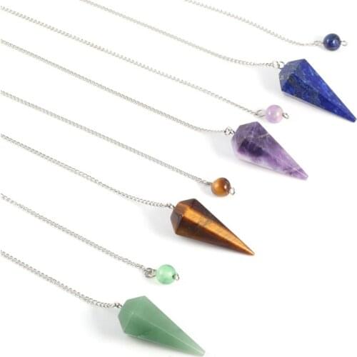 Natural Stone Pendants Necklace Cone Shape Chakra Reiki Healing Rose Quartz Amethysts Crystal Stone Charms for Jewelry Gift