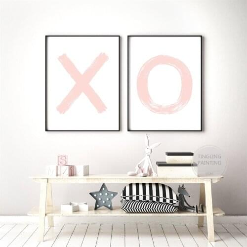 Pink XO Hugs and Kisses Poster X O Wall Art Canvas Painting for Nursery Playroom or Above Bed Coral Pastel Girls Bedroom