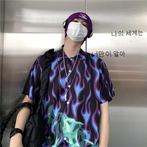 Summer New Men And Women Loose Short-Sleeved Polyester Shirts Wild Trend Hip-Hop Flame Contrast Design Sense Niche Shirt 9339