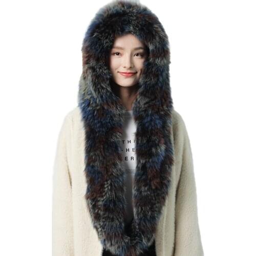Real Fox Fur Scarf Hat One Pieces Women Winter Warm Snow Cap Fluffy Soft Multi White Black Brown