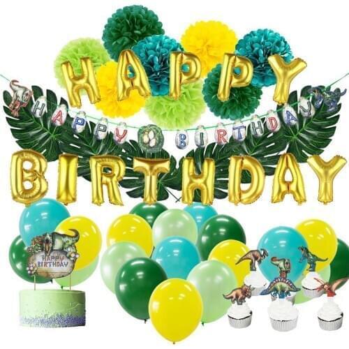 Jurassic Dinosaur Party Decoration Happy Birthday Banner Mylar Balloons Cake Cupcake Topper Kit Artificial Leaves Pom Pom Kids