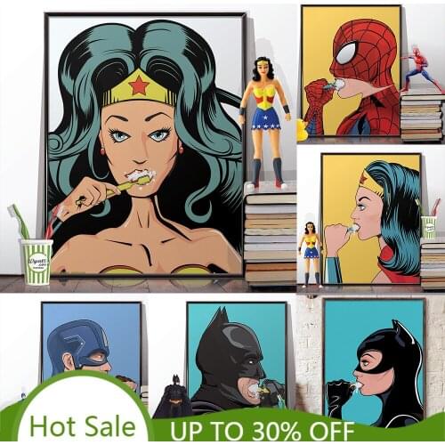 Washroom Decor Marvel Superhero Cleaning Teeth Poster Fun Toilet Humour Spiderman Canvas Painting Bathroom Home Decor Picture