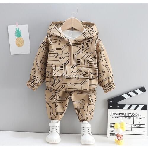 Baby Boy Spring Hooded Clothing Set 2021 New Children Half Zipper Sweater Pants Outfits Toddler Kids Printed Sports Clothes Set