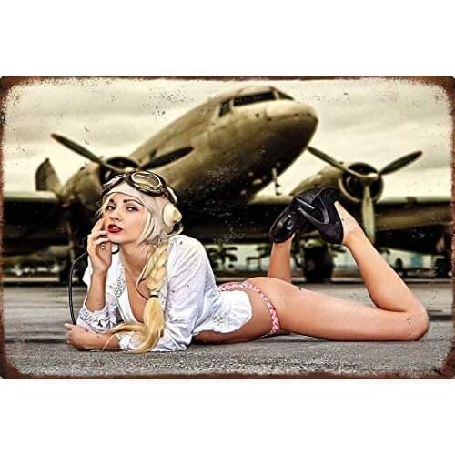 Military theme metal sign, girl girl airplane sexy lady 20 cm X 30 cm retro military sign metal plaque decorative sign home