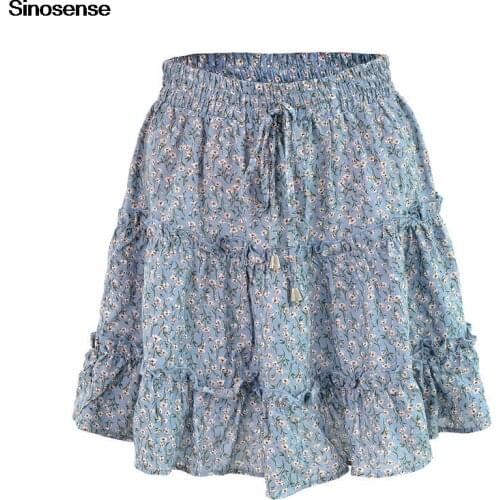 Women Summer Floral Print Mini Short Skirt 2020 Ruffle High Waist A Line Beach Boho Pleated Skater Skirt Streetwear Bottoms