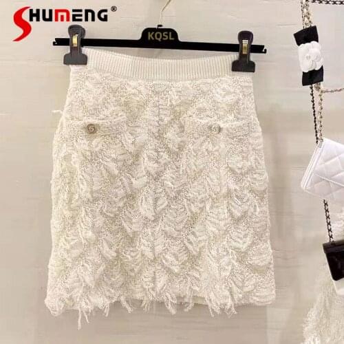 2021 New Autumn Ladies Retro Crocheted Burrs Tassels Above Knee Knitted Skirt Women Fashion High Waist Hip A- Line Short Skirt