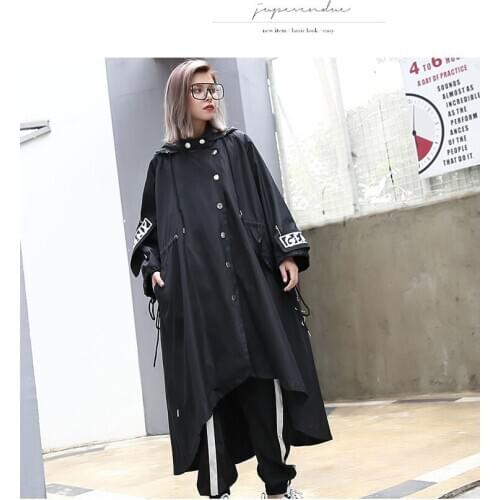 Women Streetwear Hoodie Casual Wide Waisted Letter Ribbon Front Short & Long Trench Coat Print Hooded Single Breasted