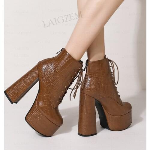 LAIGZEM Women Ankle Booties Back Zip Chunky Block High Heels Boots Platform Ladies Faux Leather Shoes Woman Big Size 41 42 43