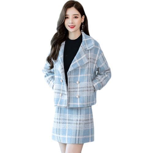Autumn Winter Women Suit New Fashion Plaid Woolen Coat + Skirt Two-piece Elegant Ladies Work Office Suit Pink Blue Skirt Set 216