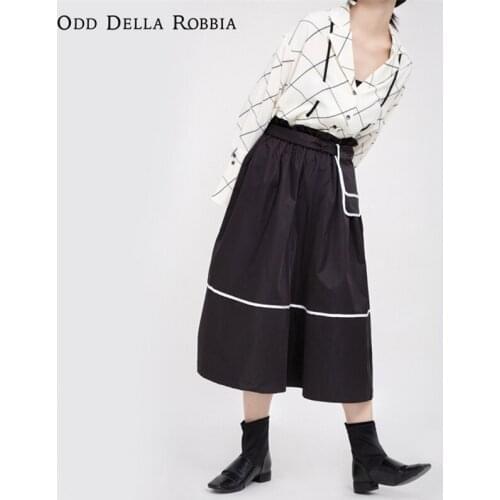 OddDellaRobbia 2021 Womens Autumn Fashion White Edge Fold Design Sense Stitching High Waist Dress Mid-Length A-Line Skirt 1172