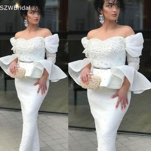 New Arrival Black White Long sleeve evening dresses 2021 Pearls Beaded Kaftan Muslim Evening dress Plus size robe de soiree