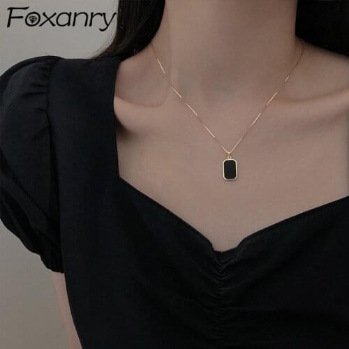 Foxanry 925 Sterling Silver Sweater Necklace for Women New Trend Vintage Elegant Couples Black Square Card Jewelry Party Gifts